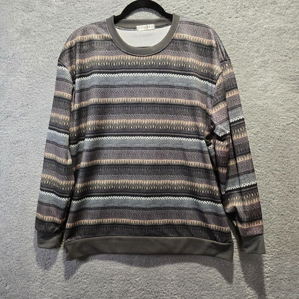Chase BTL Fair Isle Striped Printed‎ Pullover Sweatshirt L/XL Y2K Grandpa
